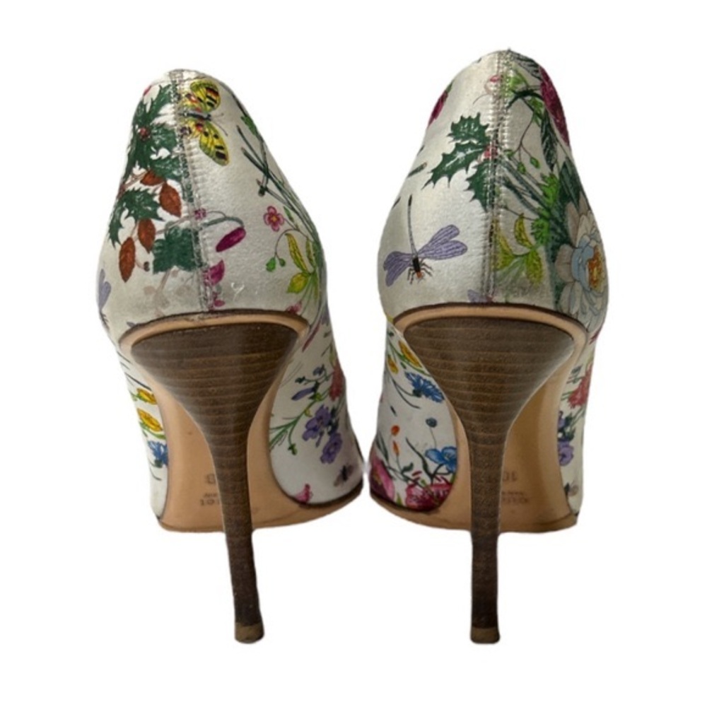 Gucci Satin Horsebit Pumps US 10 White Floral Peep Toe High Heels Buckles - Picture 4 of 12